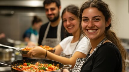Participants in a lively cooking class gather to display and celebrate their delicious dishes radiating joy and accomplishment