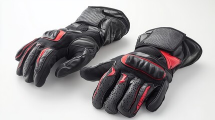 Protective Black and Red Off-Road Motorcycle Gloves with Durable Knuckle Protection on White Background