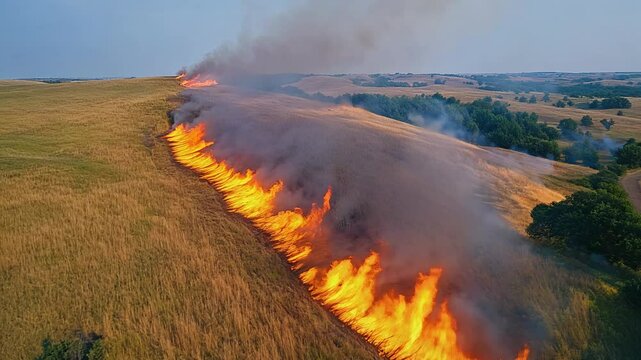 A wildfire spreading through a grassland, with bright flames