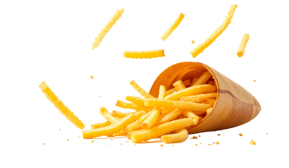 French fries spilling out of a paper cone on a transparent background.
