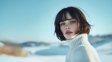 Natural beauty portrait with blue eyes and turtleneck sweater on winter background, perfect for beauty blogs, fashion magazines, skincare advertising, lifestyle content and winter collection campaigns