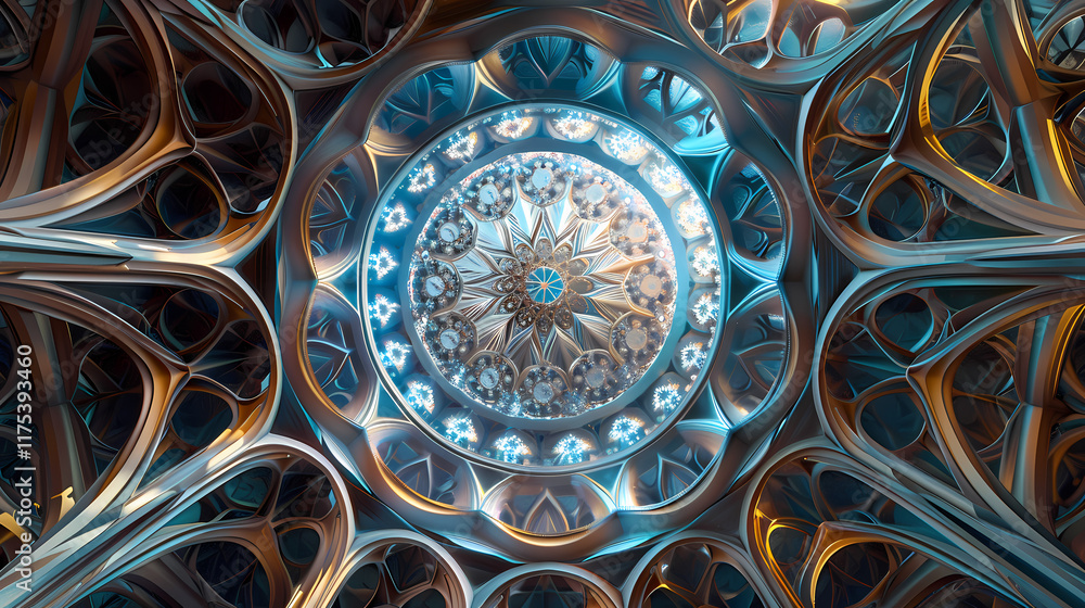 Poster intricate ceiling design showcasing geometric patterns and vibrant colors in an ornate structure. ge
