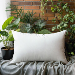 Blank white soft square pillow in the interior 
aesthetic background, mockup for your design