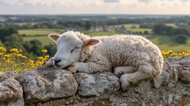 Sleeping lamb on stone wall, idyllic countryside view.
