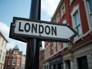 Obraz premium Directional Sign Pointing to London in an Urban Setting with Historic Buildings in the Background