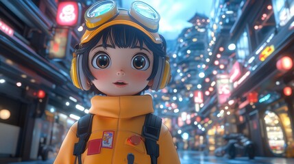 Obraz premium Neon Umbrella in Futuristic Tokyo, a vibrant cartoon character strolls through a bustling, illuminated shopping street filled with modern architecture