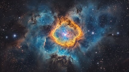 Obraz premium Swirling nebula with radiant colors surrounded by clusters of stars in the galaxy
