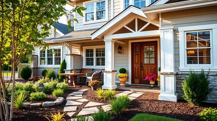 Obraz premium A two-story house with a light-colored facade, white columns, and a stone base. A stone pathway leads from the porch to landscaped gardens featuring mulch, shrubs and trees.