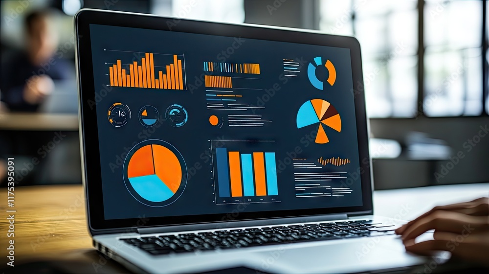 Poster a laptop displays various colorful charts and graphs indicating data analysis and business performan