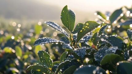 Obraz premium Morning Dew on Lush Green Leaves: A Captivating Display of Nature's Beauty