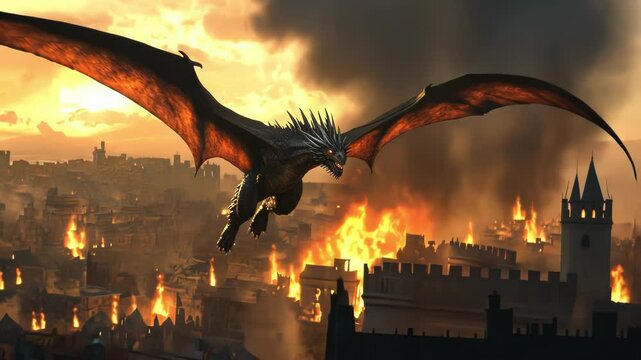 A fierce dragon flies over a burning medieval city at twilight.