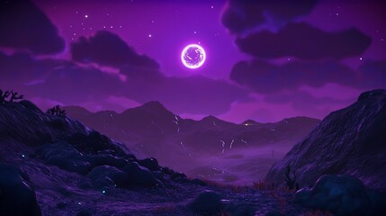 Enigmatic Purple Planet Nightscape: A Mystical Moonlit Mountain Range under a Vivid Violet Sky