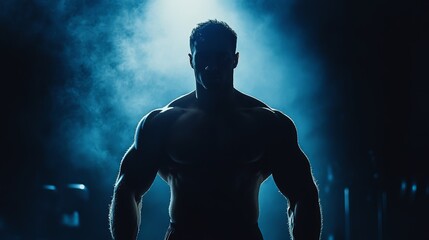 Muscular bodybuilder showing his perfect trained body under blue lights in a gym, creating a dramatic silhouette that emphasizes his strength and dedication to fitness