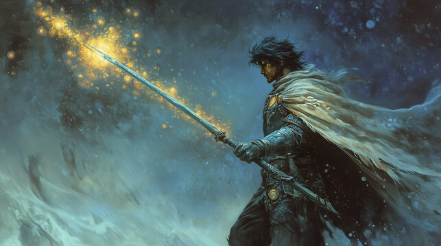 A dragon slayer wearing a torn cape, holding a spear tipped with glowing runes illustration, dark fantasy, 1970s