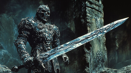 Fototapeta premium A battle-worn knight with a cursed sword, clad in dark, cracked armor illustration, dark fantasy, 1970s