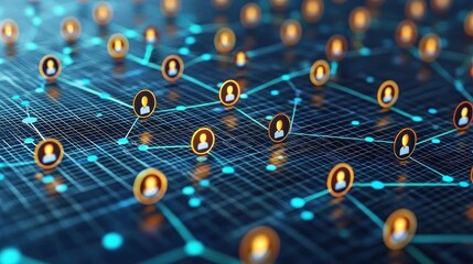 Digital network visualization with user icons connected by lines.