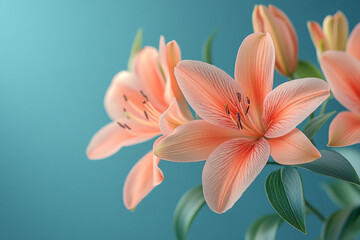 Fototapeta premium Peach Lilies Bloom Against Teal Background