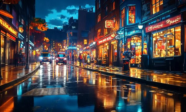 Rainy Night City Street Scene: Cozy Cafes and Neon Lights Reflect in Wet Pavement