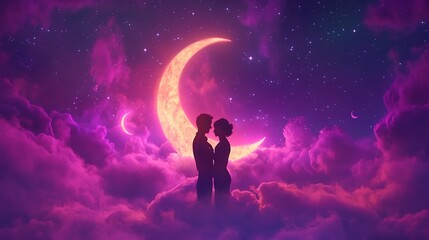 Fototapeta premium Celestial Love: A Couple's Silhouette Embraces Underneath a Crimson Moon and Starry Sky