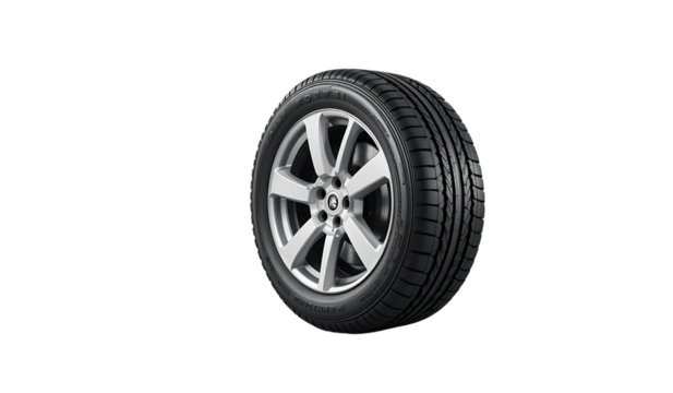 A high-quality image of a car tire with an alloy wheel, showcasing the tread pattern and five-spoke rim design on a transparent background.