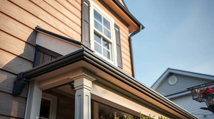 House Exterior with Dark Grey Gutters and Beige Siding