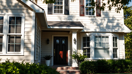 A two-story light beige house with white-framed windows, a black front door, and a bay window.  Landscaping includes shrubs and small trees.  Sunlight casts shadows on the siding.