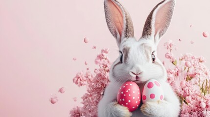 Obraz premium Adorable bunny holding pastel Easter eggs amidst pink blossoms!