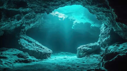 Fototapeta premium Underwater Cave Entrance Light Illuminates Rocks