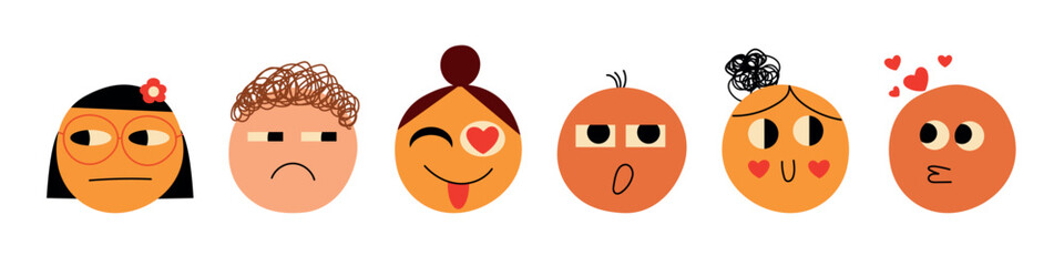 Love doodle face set. Round abstract comic faces with various emotions. Different colorful characters. Flat design. Groovy lovely funny faces stickers. Love concept. Happy Valentines day. Vector.