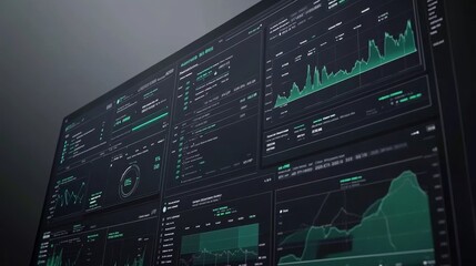 Business data analytics dashboard with financial graphs infographics, showcasing investment strategy, performance metrics, and futuristic HUD interface in 3D rendering for corporate decision-making