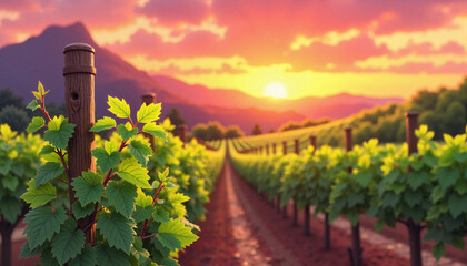 Fototapeta premium Vineyard with grapevines at sunset over rolling hills