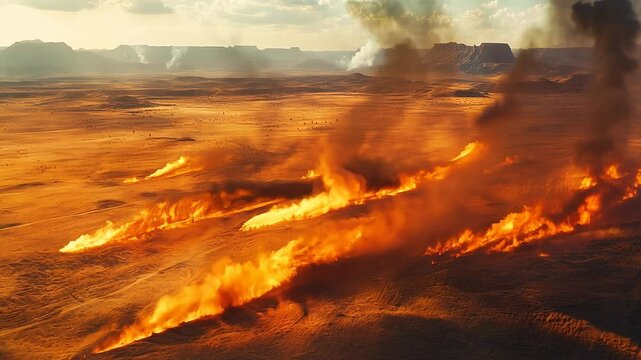 A wildfire spreading through a grassland, with bright flames