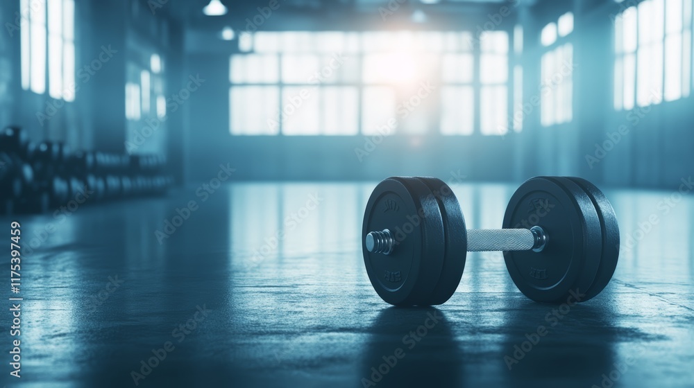 Poster heavy black dumbbell is lying on the floor of a gym, other weights are visible in the background, su