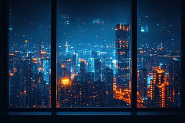 City skyline illuminated by night lights from a high-rise window in a bustling urban center