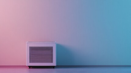 A panel heater emitting soft heat on a gradient blue and gray background