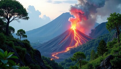 Fototapeta premium Volcanic eruption amidst lush greenery and towering trees, volcanic ash, rugged landscape