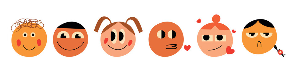 Love doodle face set. Round abstract comic faces with various emotions. Different colorful characters. Flat design. Groovy lovely funny faces stickers. Love concept. Happy Valentines day. Vector.