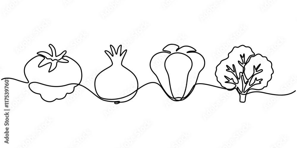 Poster continuous one line drawing of set of vegetables. one line drawing illustration of set of ripe veget