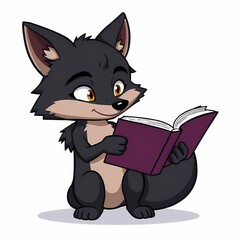Fox Reading a Book: A cute, cartoon fox with a warm and inviting expression sits engrossed in a book,  tail curled behind him. He is wearing a black fur with an orange nose and ears.