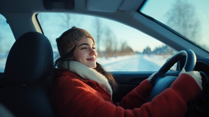 Young woman in red driving a car, smiling girl sitting behind the wheel of a modern vehicle on a winter day. Winter travel concept