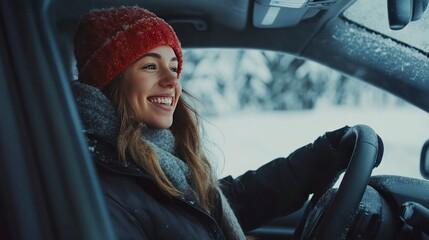 Young woman in black jacket and red hat driving a car, smiling girl sitting behind the wheel of a modern vehicle on a winter day. Winter travel concept