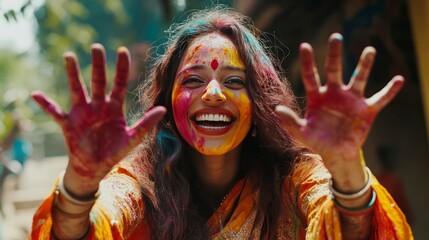 An Indian young woman in a sari with Holi colors on her face is laughing and showing two palms to the camera, holding her hands up and smiling at the camera. Hindu traditional celebration concept