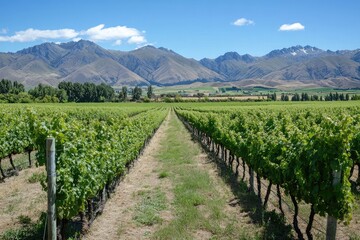Fototapeta premium Rows of grapevines in a lush rural field, illustrating the charm of agricultural landscapes