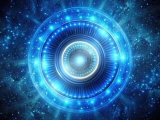 Vintage sci-fi art: a glowing nebula circle illuminates a starry night, futuristic and blue.