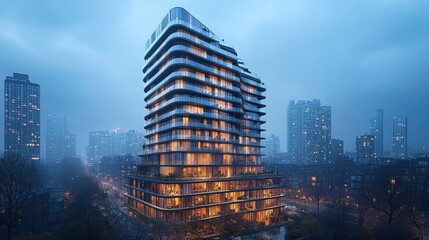 Angular residential tower with alternating balconies creating a zigzag pattern, twilight blue hour lighting