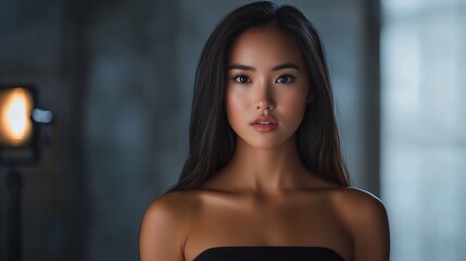 Portrait of a Stunning Asian Woman with Long Black Hair, Captivating Gaze and Smooth Skin