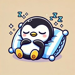 cute penguin sleeping on pillow cartoon vector icon illustration