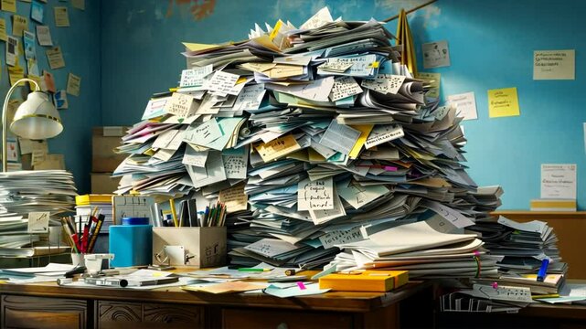 Chaos and Creativity Organizing Cluttered Workspace with Papers, Sticky Notes, and Office Supplies for Desk Organization