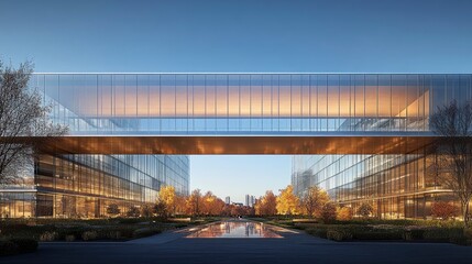Transparent glass skybridge connecting two modern office towers against blue sky