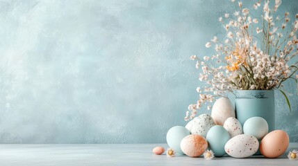 Obraz premium Pastel Easter eggs nestled with dried flowers, a charming spring scene.